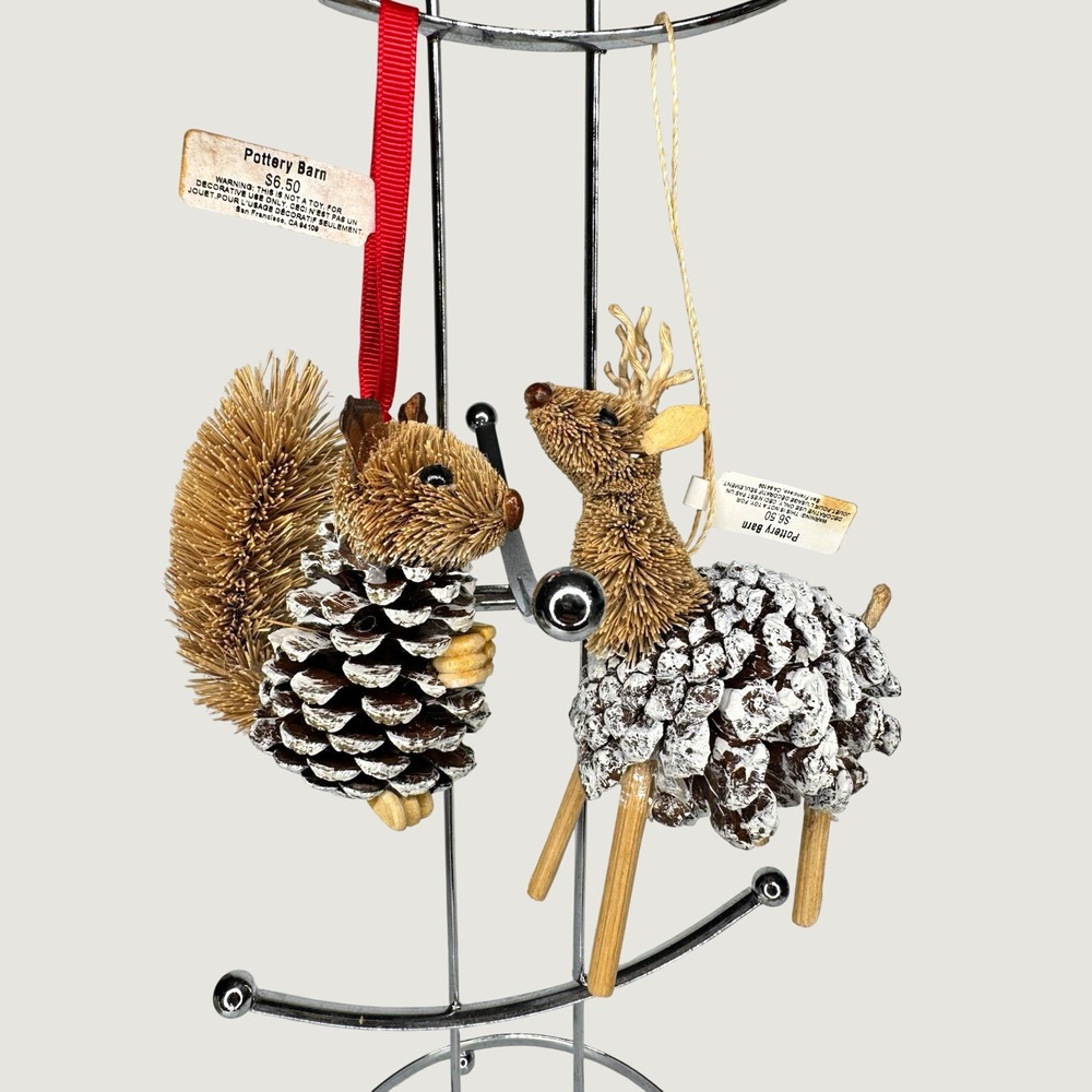 2 Pottery Barn Bottle Brush Pine Cone Reindeer & Squirrel Christmas Ornaments